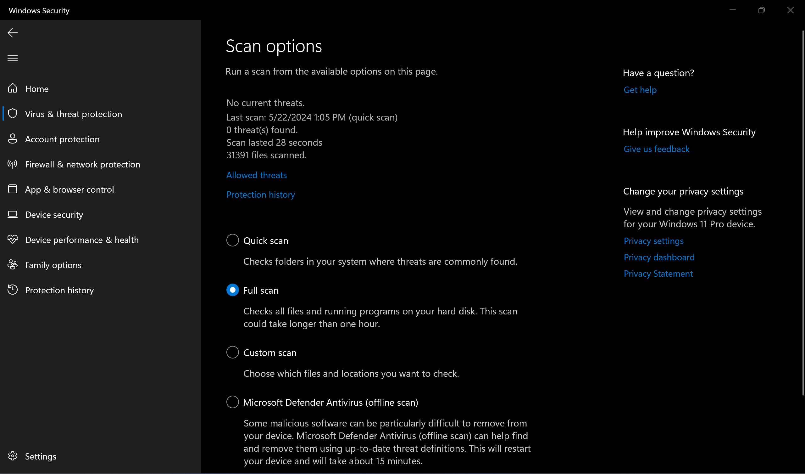 Examen completo, opciones de examen personalizado en Seguridad de Windows