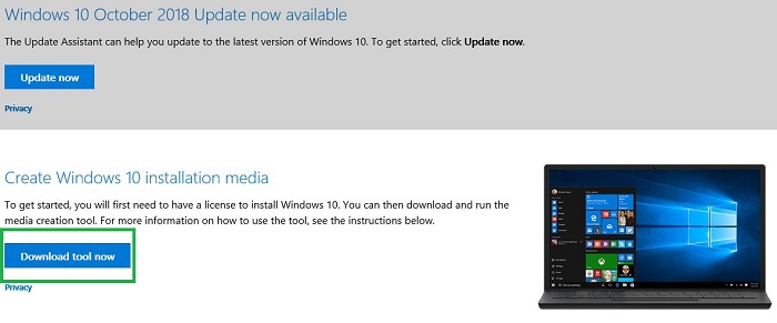 Klik på Download værktøj nu for at downloade Microsoft Media Creation Tool.