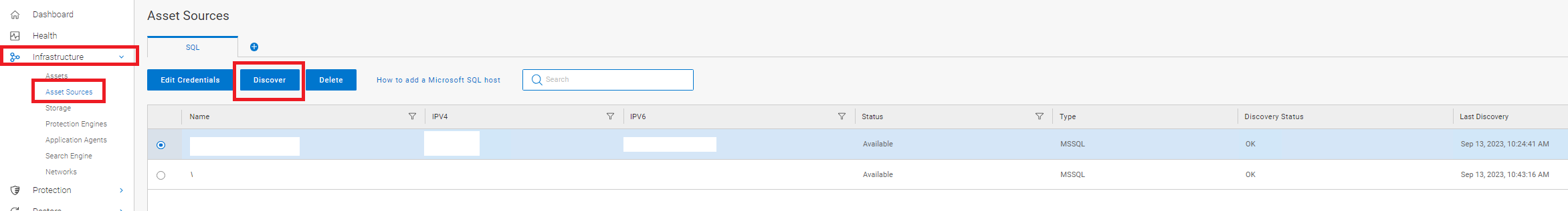 Screenshot of manually discovering assets from the PPDM UI