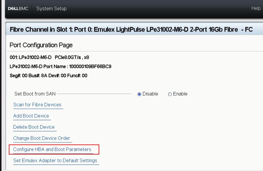 configure HBA and boot parameters, system setup