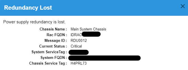 Screenshot of "Power Supply Redundancy is Lost" message