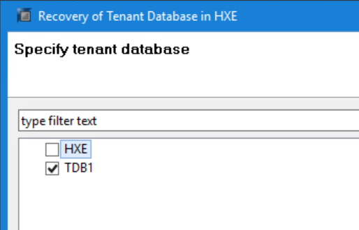 velg TDB1 tenant database (TDB1-leietakerdatabase) for å gjenopprette