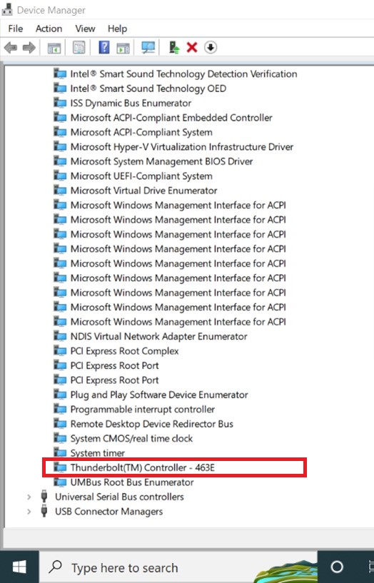 Localize o controlador Thunderbolt(TM) em Dispositivos do sistema no Gerenciador de dispositivos