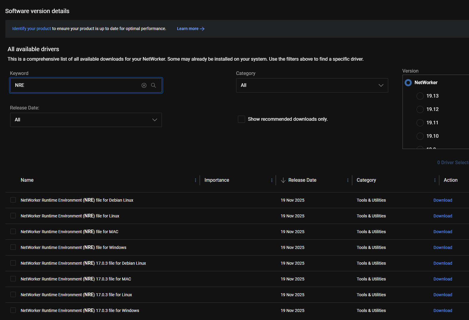 Página de descargas de NRE