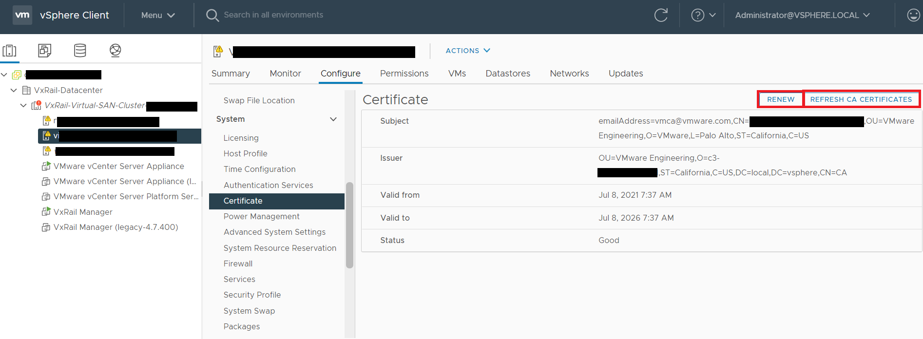 Screenshot of renewing host certifications in vSphere