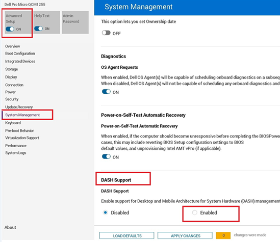 Option de prise en charge DASH dans le BIOS