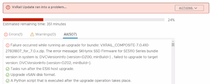 Screenshot of upgrade error