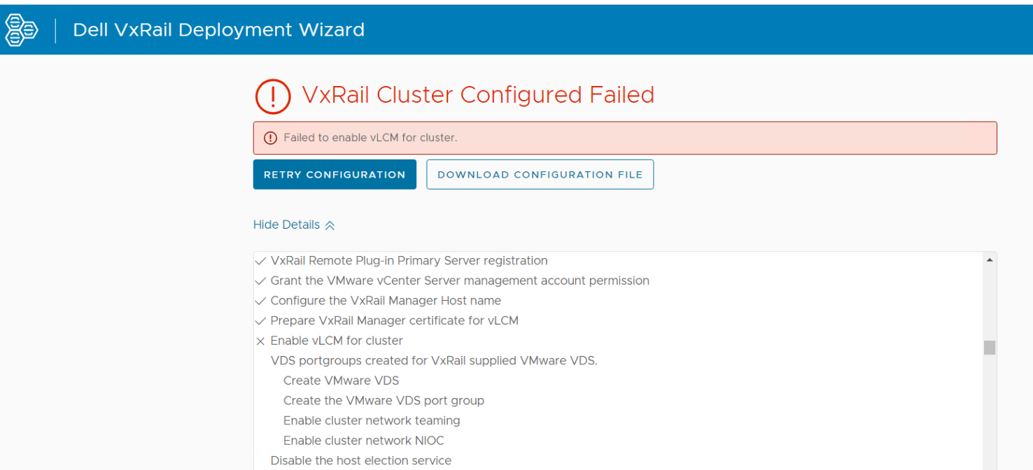 Screenshot of deployment failure