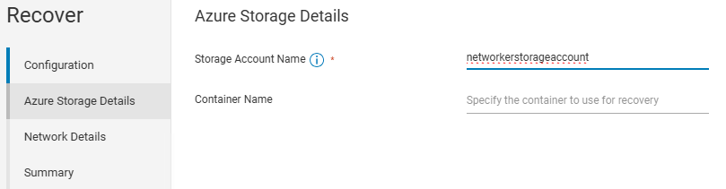 Specify an Azure storage account in the storage details window