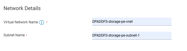 Specify the VNET and subnet names in the Network details window