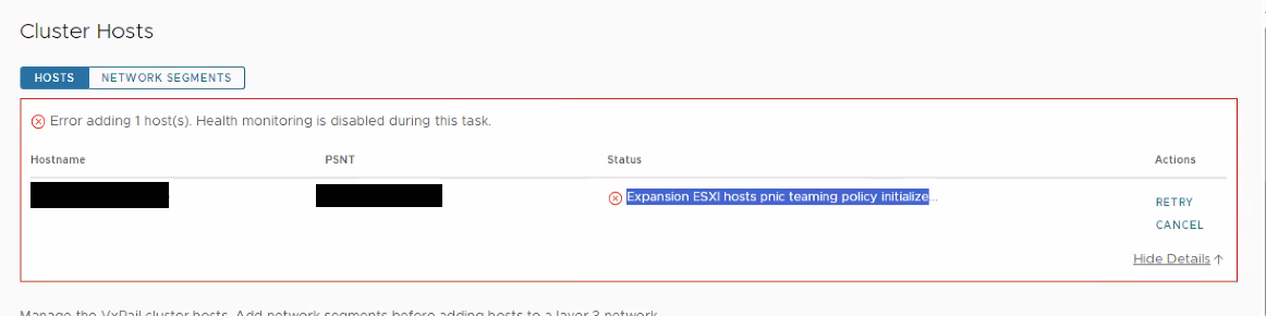Screenshot of error in UI