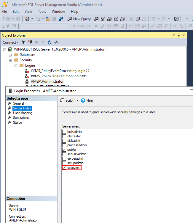 Confirm the user account has sys admin rights