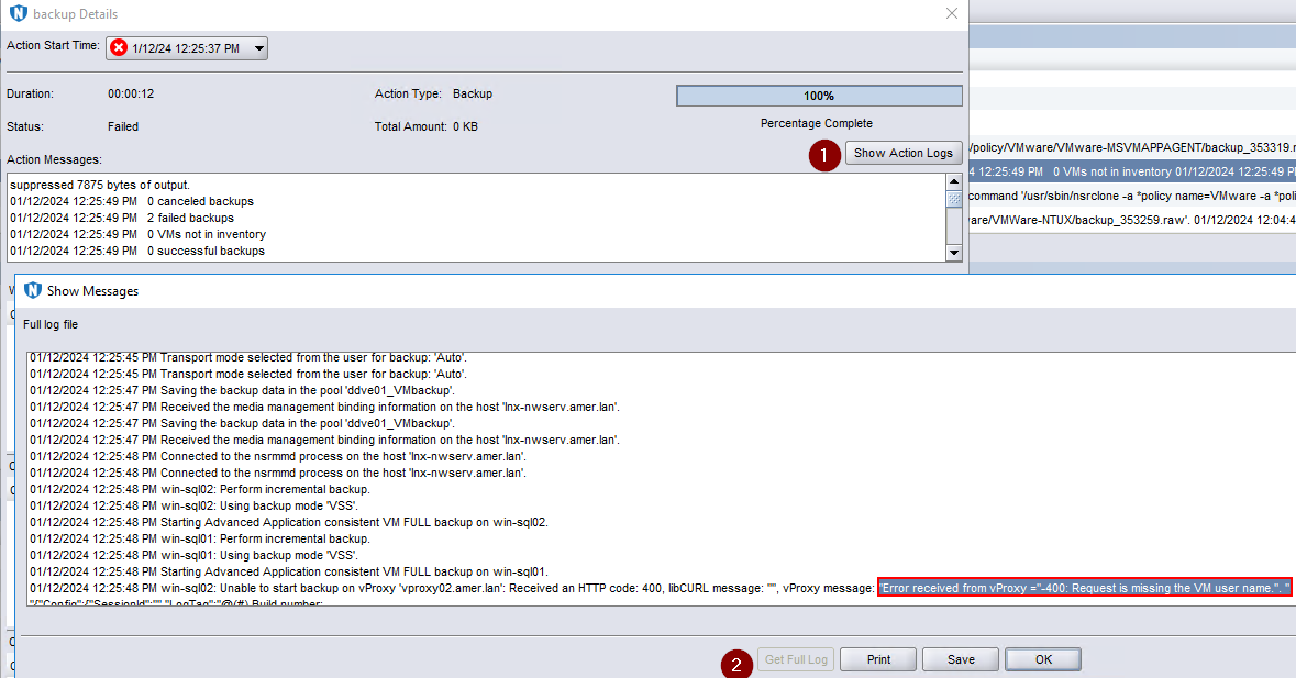 Error message received from backup request