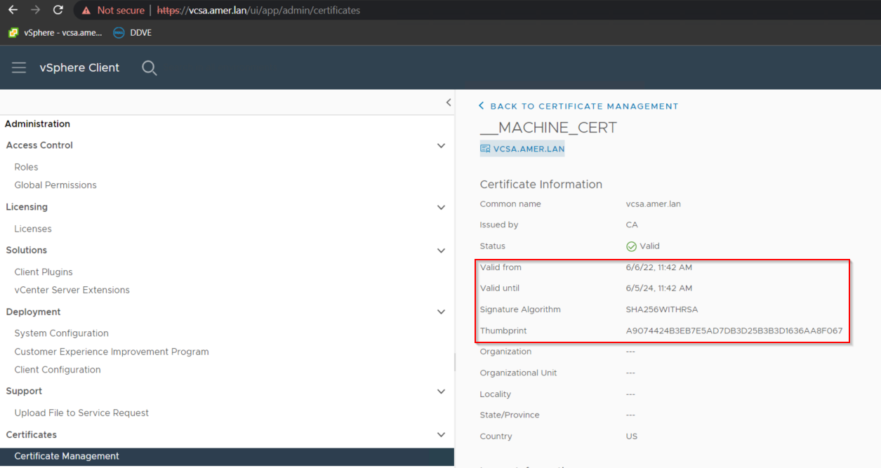 vSphere interface showing certificate used.