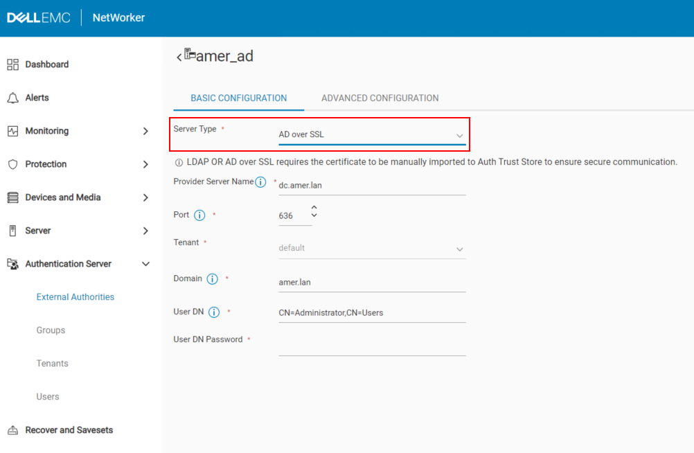 AD over SSL option in external authority wizard