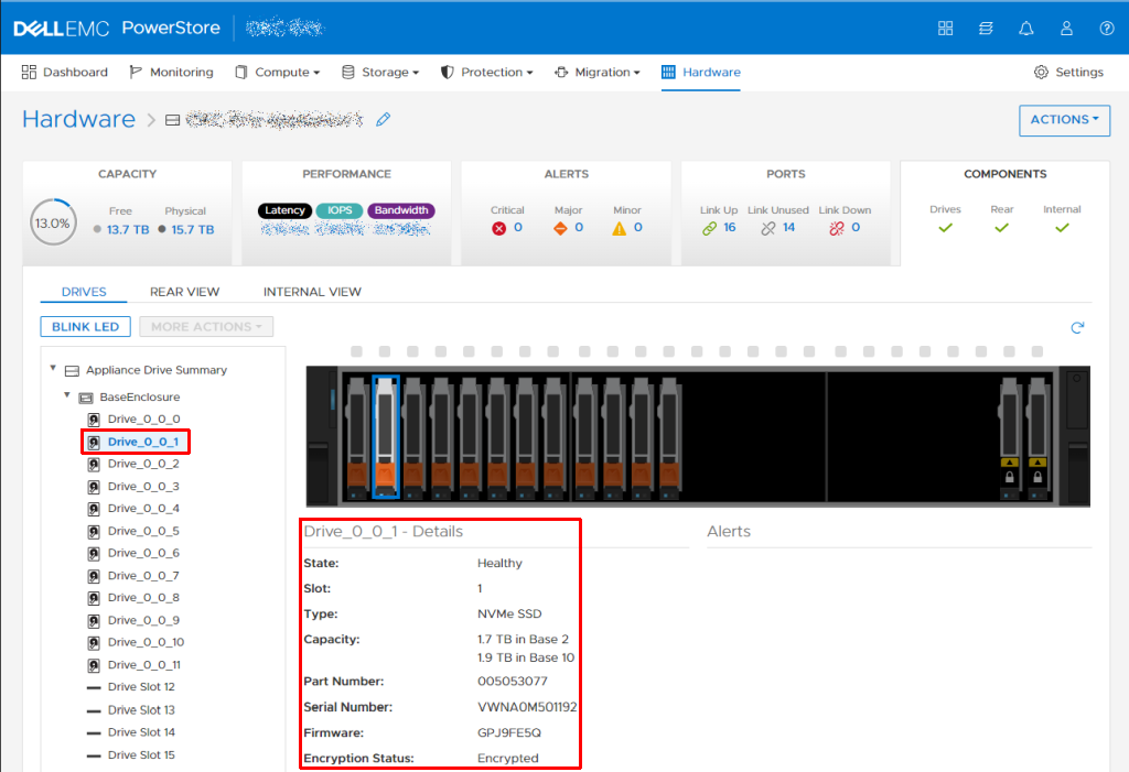 PowerStoreダッシュボードで、[Hardware > Drives]に移動します。