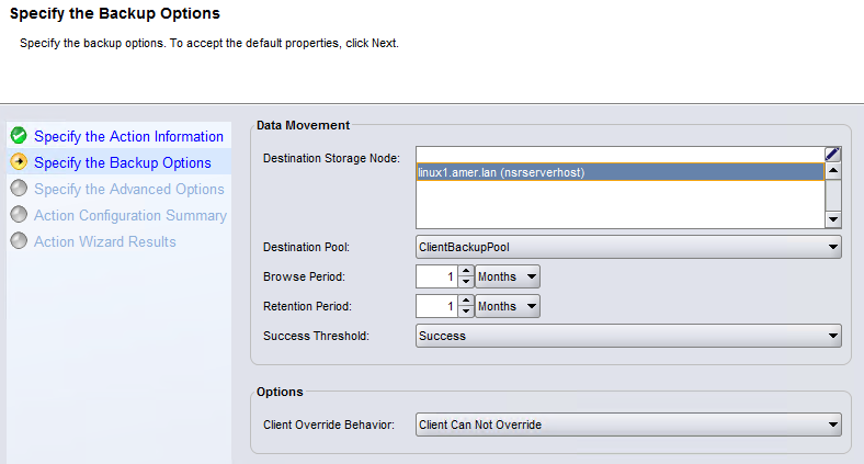 specify backup options