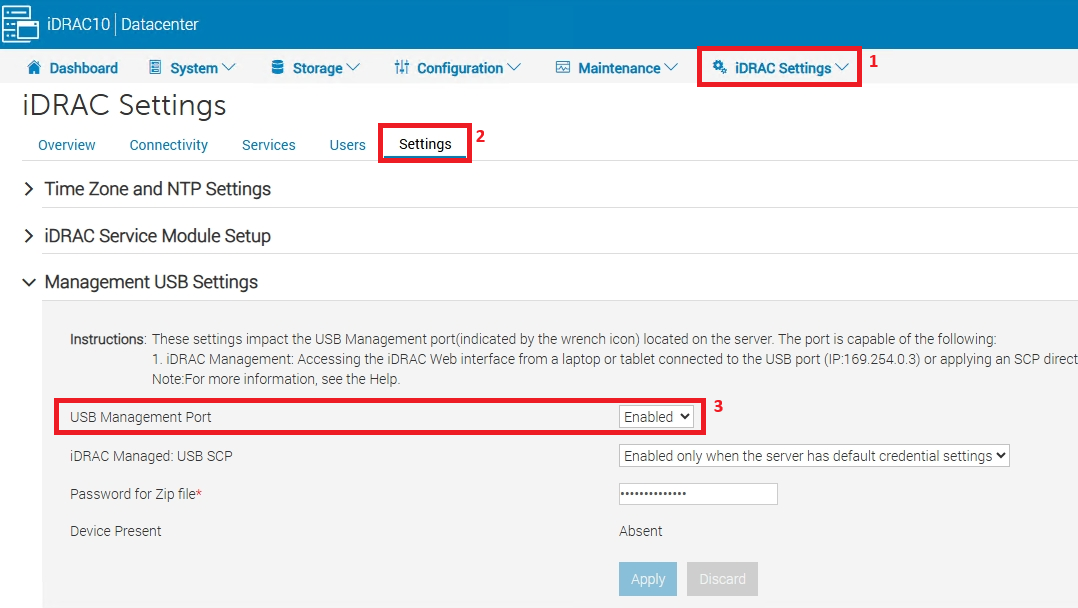 iDRAC Web Interface showing iDRAC Settings -> Settings -> Management USB Settings -> USB Management Port