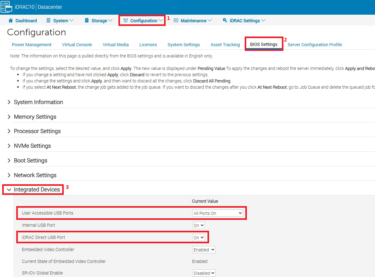 iDRAC Web Interface showing Configuration -> BIOS Settings -> Integrated Devices