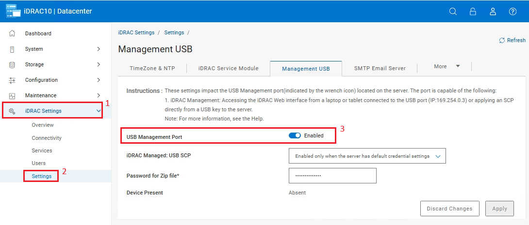 iDRAC10 Web Interface showing iDRAC Settings -> Settings -> Management USB Settings -> USB Management Port