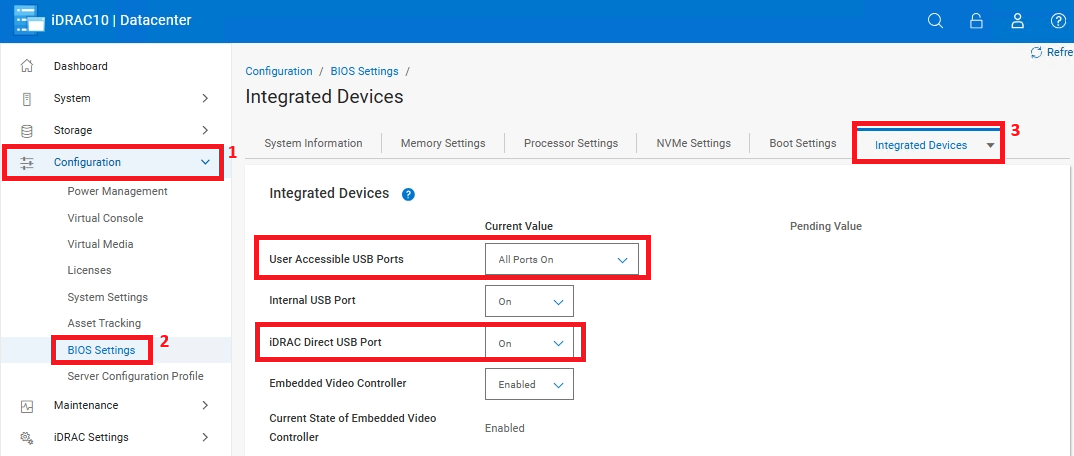 iDRAC10 Web Interface showing Configuration -> BIOS Settings -> Integrated Devices