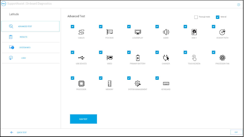 Tela do teste avançado