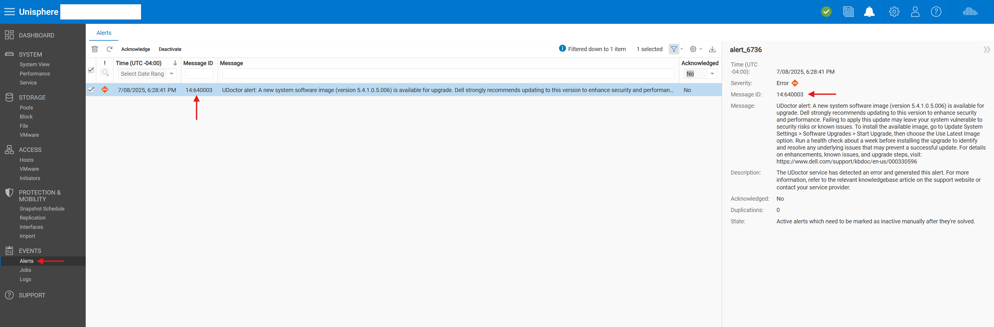 An image showing the Alerts screen with the 14:6400003 error highlighted.