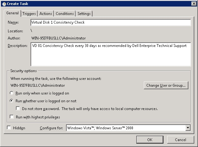 The General tab of the Create Task window