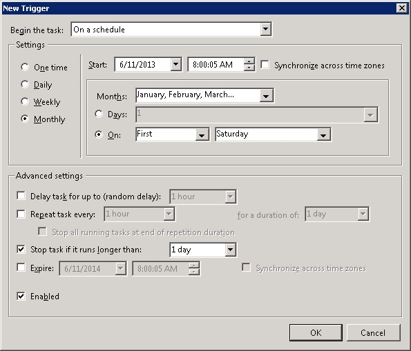 Screenshot of the trigger schedule