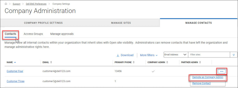 Manage Contacts - Diminuzione di livello di un amministratore