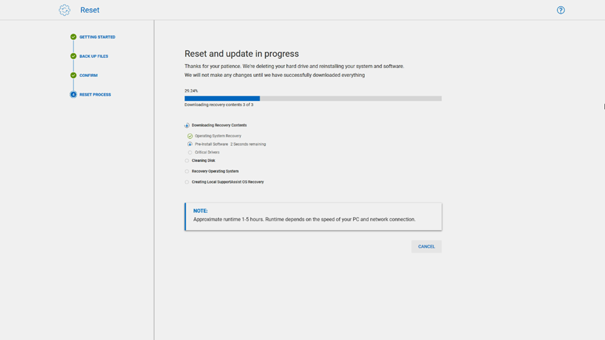 Avanzamento del processo di reimpostazione in SupportAssist OS Recovery