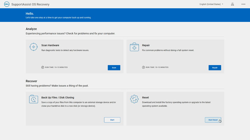 Hoofdmenu in de SupportAssist OS Recovery-omgeving versie 4.0