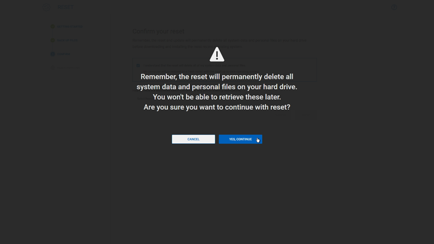 Aviso de perda de dados antes de redefinir o computador no SupportAssist OS Recovery