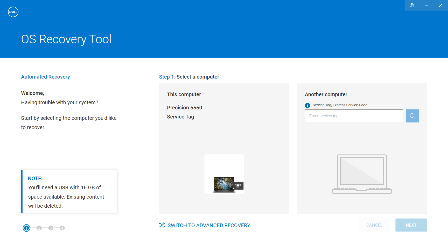 Dell OS Recovery ToolでのDell製コンピューターの特定