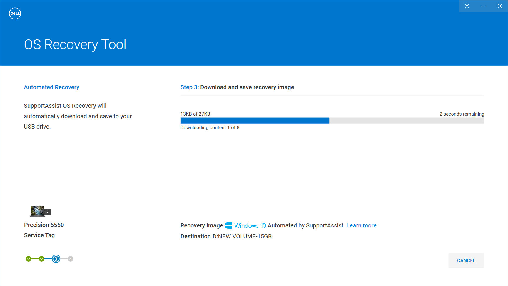 Dell OS Recovery Toolでのダウンロードの進行状況