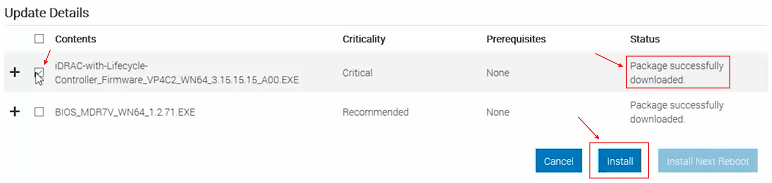 iDRAC package install button expectations