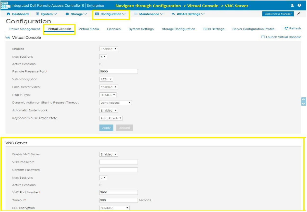 Configuración de iDRAC9 para el servidor VNC