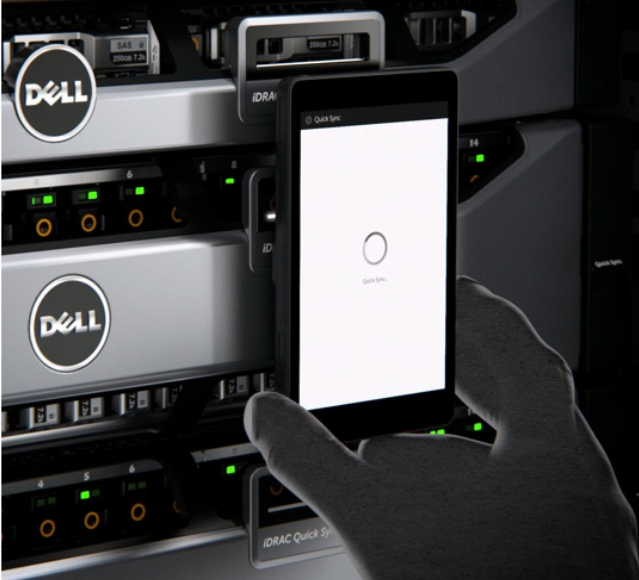 OpenManage Mobile en dispositivo móvil sincronizándose con el bisel de Quick Sync de PowerEdge de 13.ª&nbsp;generación