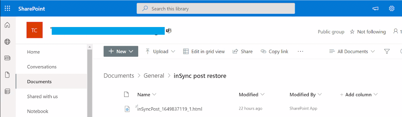 Captura de tela mostrando a tela depois de usar o link do SharePoint