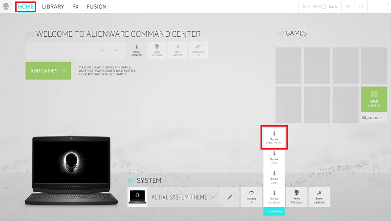 Sette Alienware Command Center i ytelsesmodus
