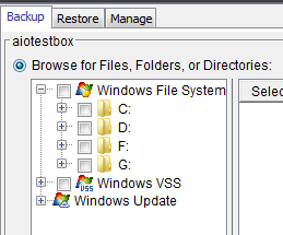 Backup tab of the Backup, Restore, and Manage window.