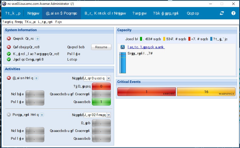 Screenshot showing Avamar UI with garbled text