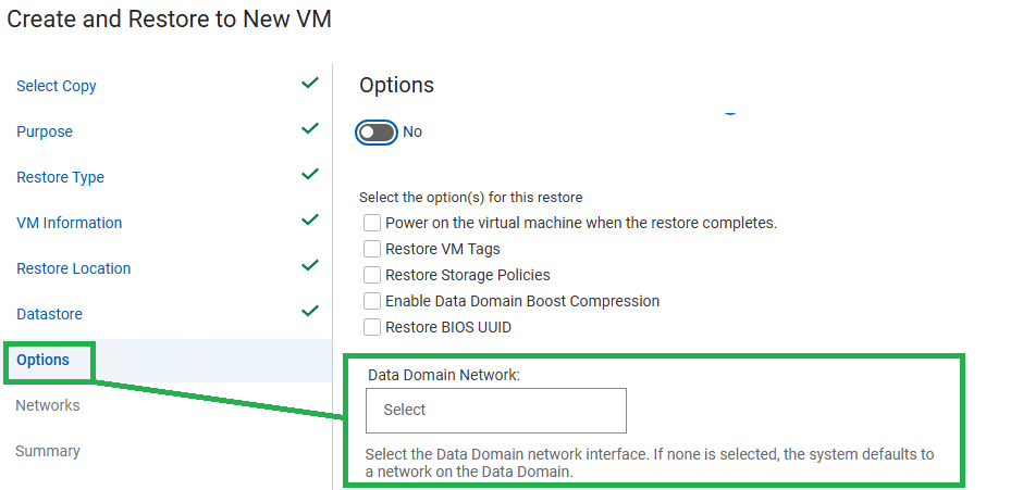 procedura guidata di restore che mostra la nuova opzione Data Domain Network