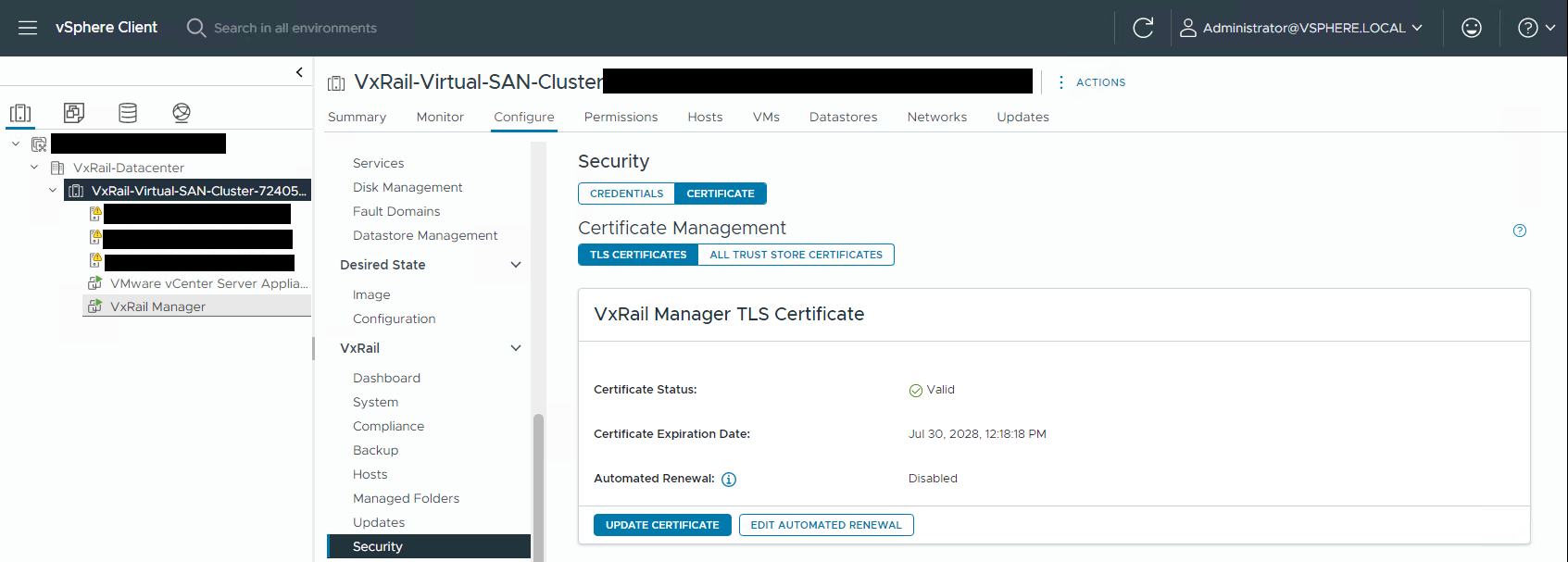 A screenshot showing the certificate tab on the security page of the VxRail plugin in vCenter.