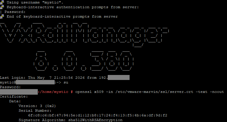 A screenshot of an SSH session to the VxRail Manager appliance, demonstrating the login and the openssl command to view the VxRail Manager certificate