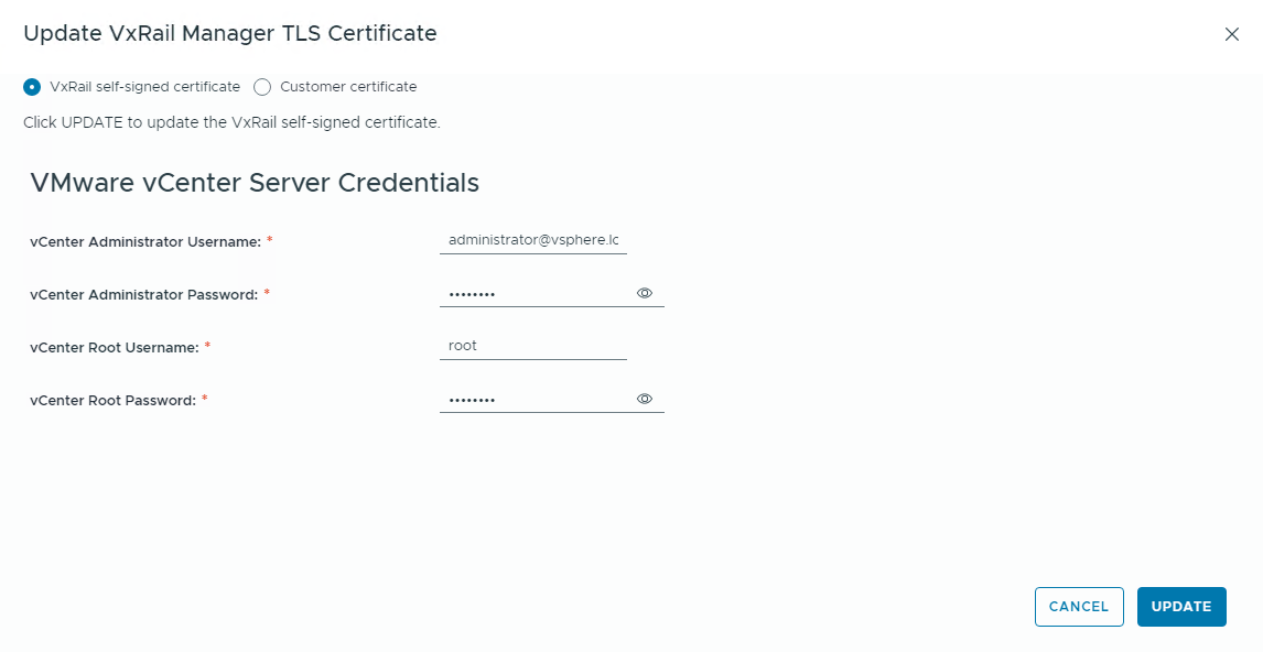 A screenshot of the Update VxRail Manager TLS Certificate window with example credentials entered