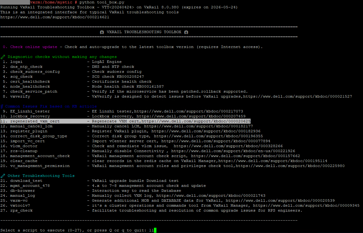 A screenshot of the VxRail Troubleshooting Toolbox script in an SSH session to the VxRail Manager, with option 11 to regenerate VXM cert highlighted