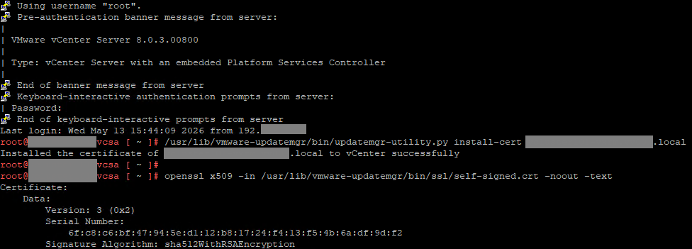 A screenshot of an SSH session to vCenter showing the output of running the above commands to install the VxRail Manager certificate in vCenter and to view the stored VxRail Manager certificate in vCenter