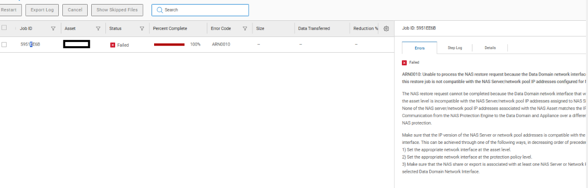 來自 UI 的錯誤:ARN0010 無法處理 NAS 還原要求