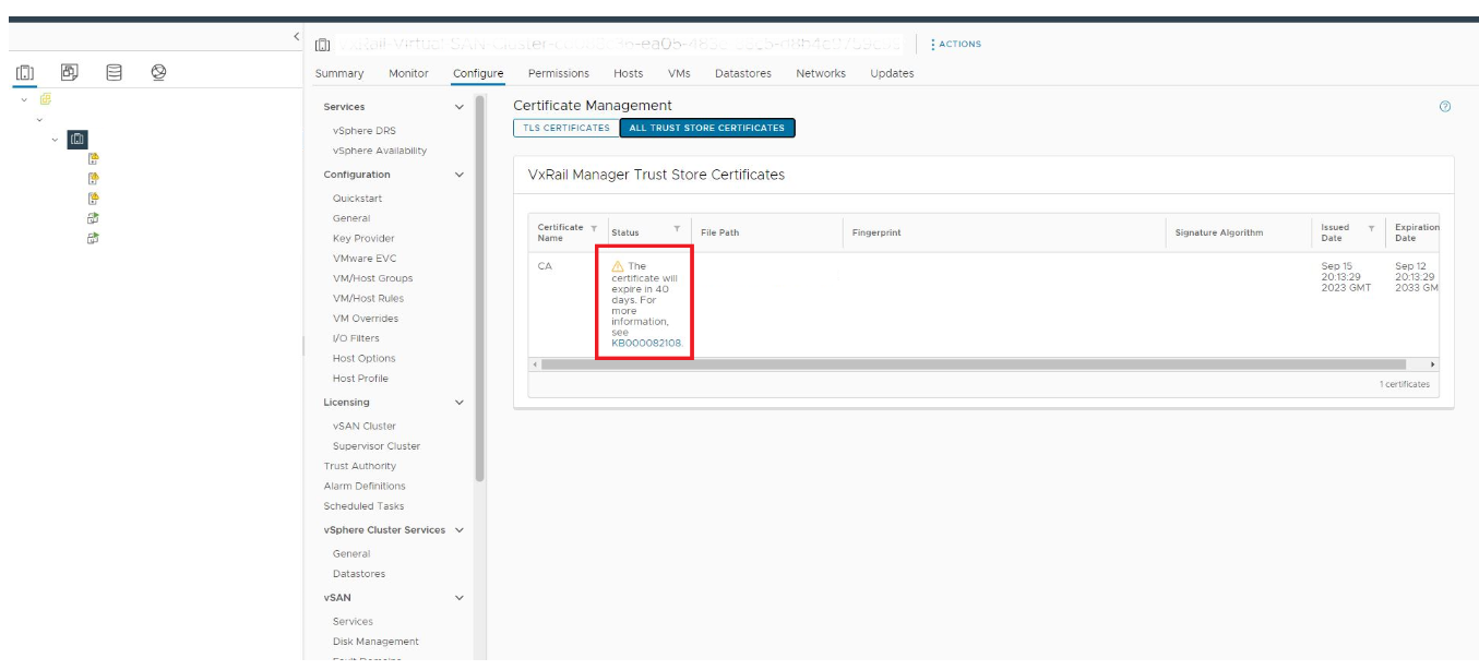 VCSA UIに証明書の有効期限に関する警告が表示される